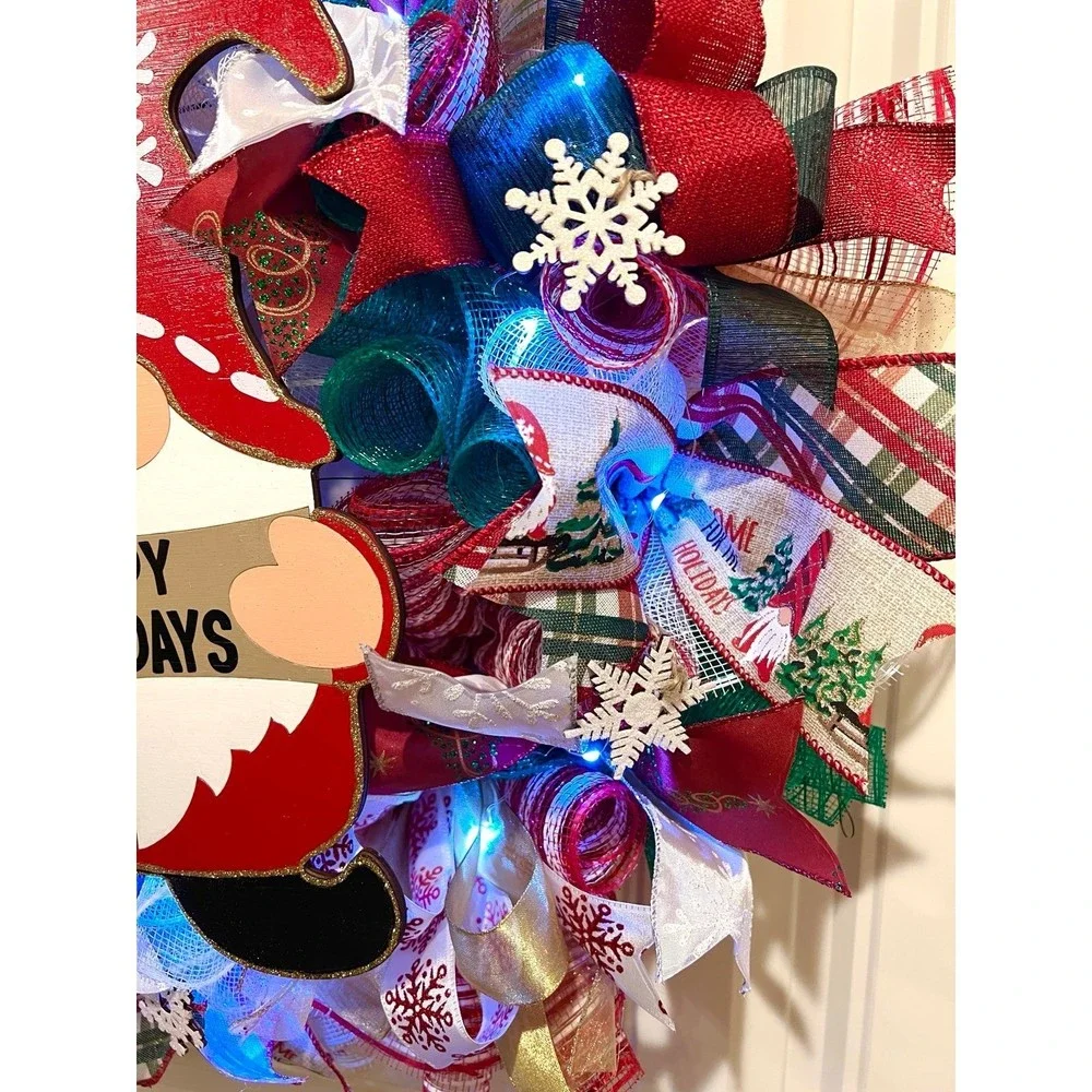 Christmas Snowflake Gnome Holiday Ribbon Door Wreath Handmade 22 ins LED W7
